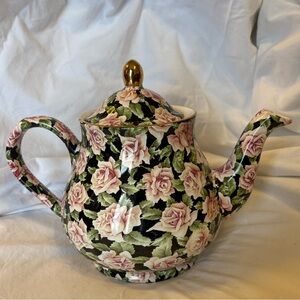 Vintage Arthur Wood & Son Staffordshire England Black Rose Chintz Teapot
